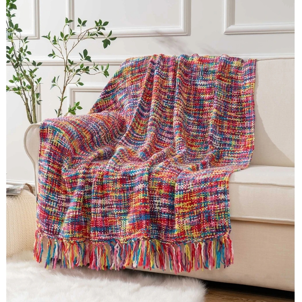 Colorful Woven Throw Blanket with Fringe